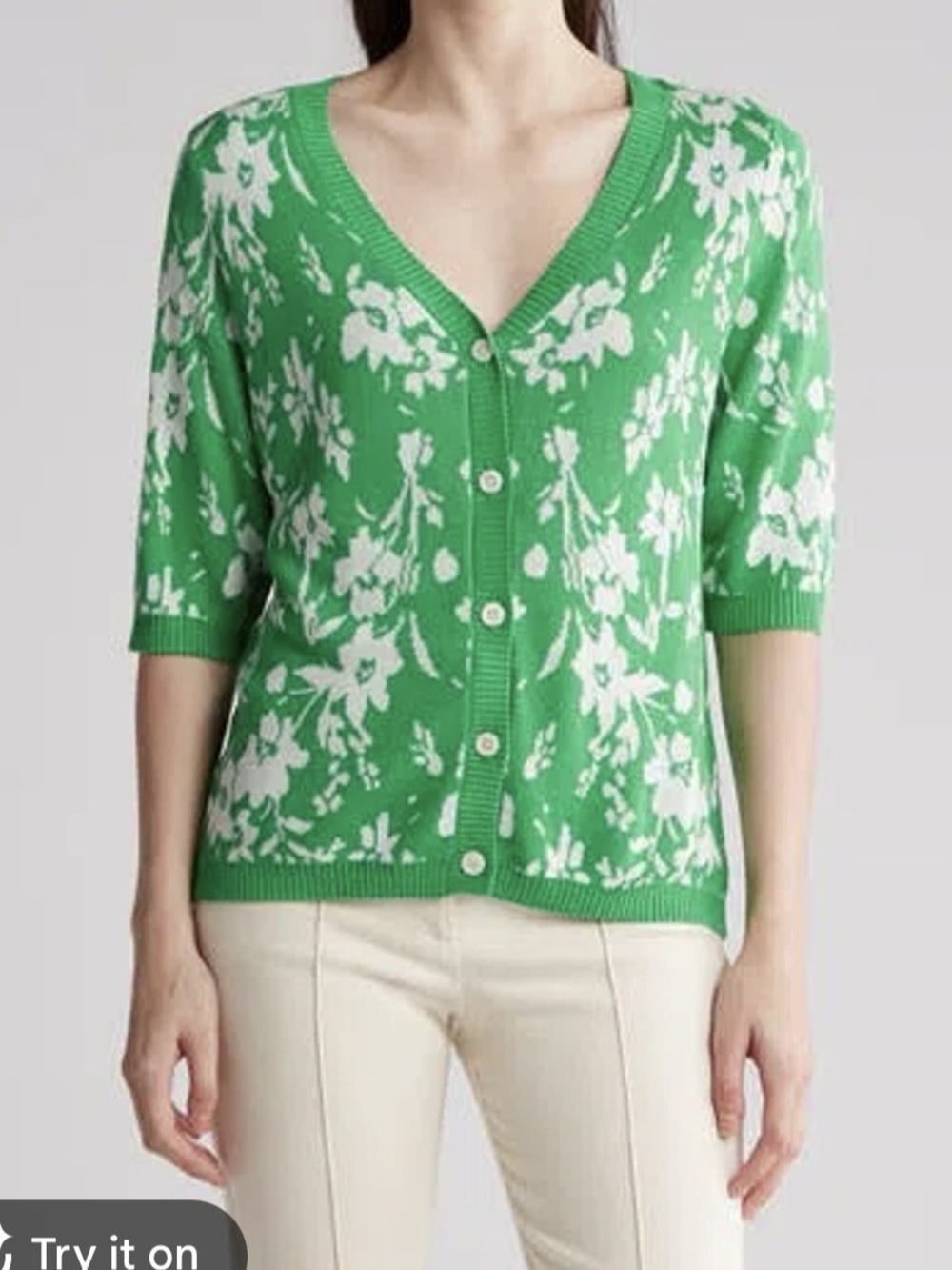 Gemma + Jane Floral Jacquard V-Neck Cardigan Green & White Medium, like new.